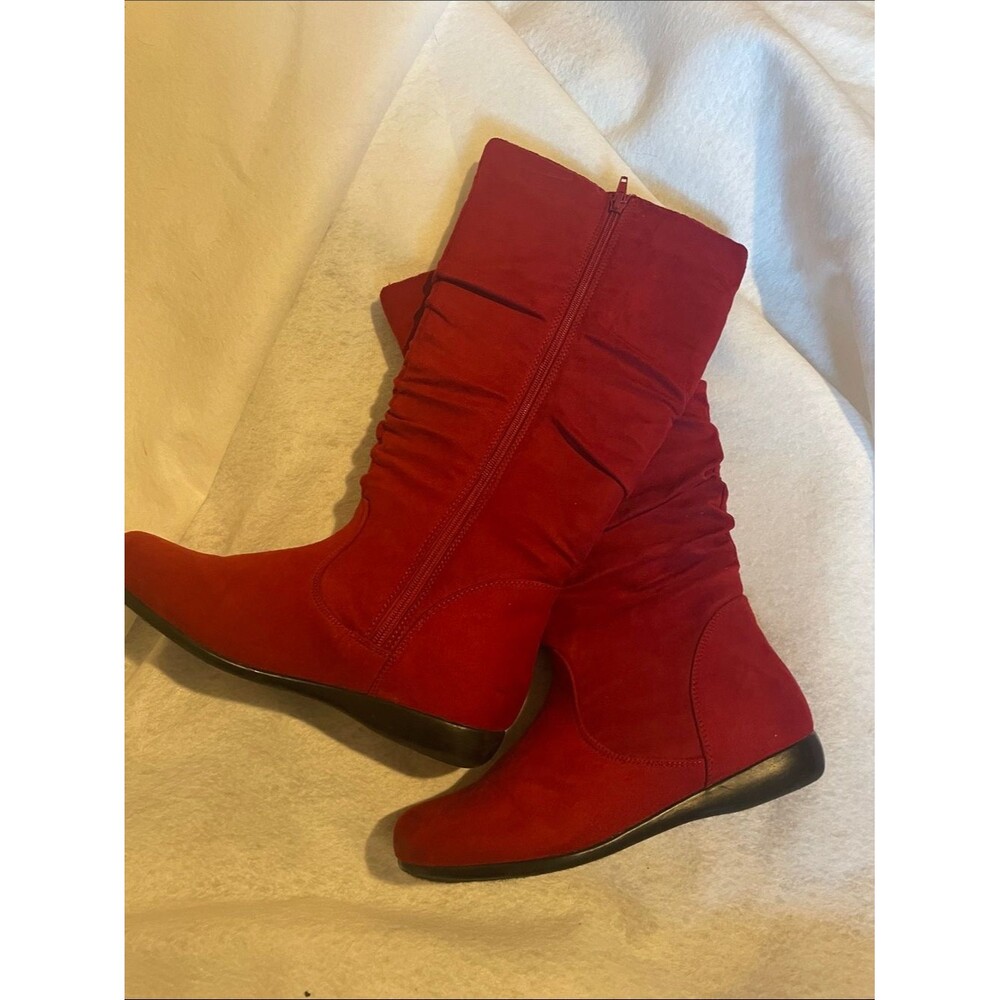 Hot Tomato Red Mid-Calf Ruched Wedge Boots